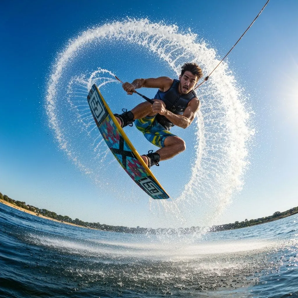 Rider launching an aerial trick behind the boat at Lake of the Ozarks