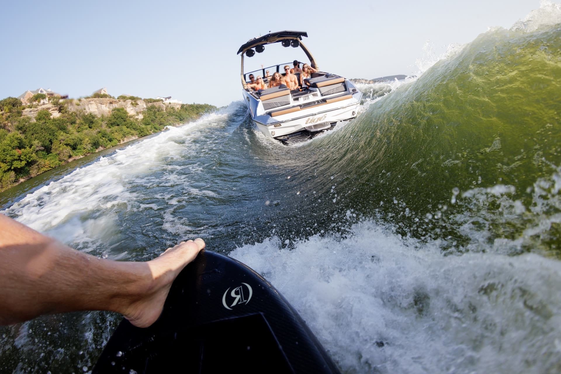 Wakesurfer's view of the wave behind the boat during a session at Lake of the Ozarks
