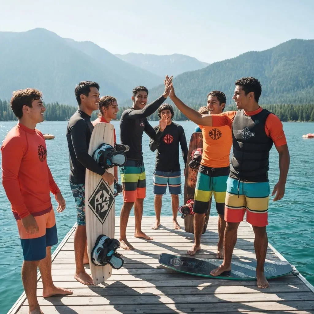 Friends with wake surf boards on the dock at Lake of the Ozarks